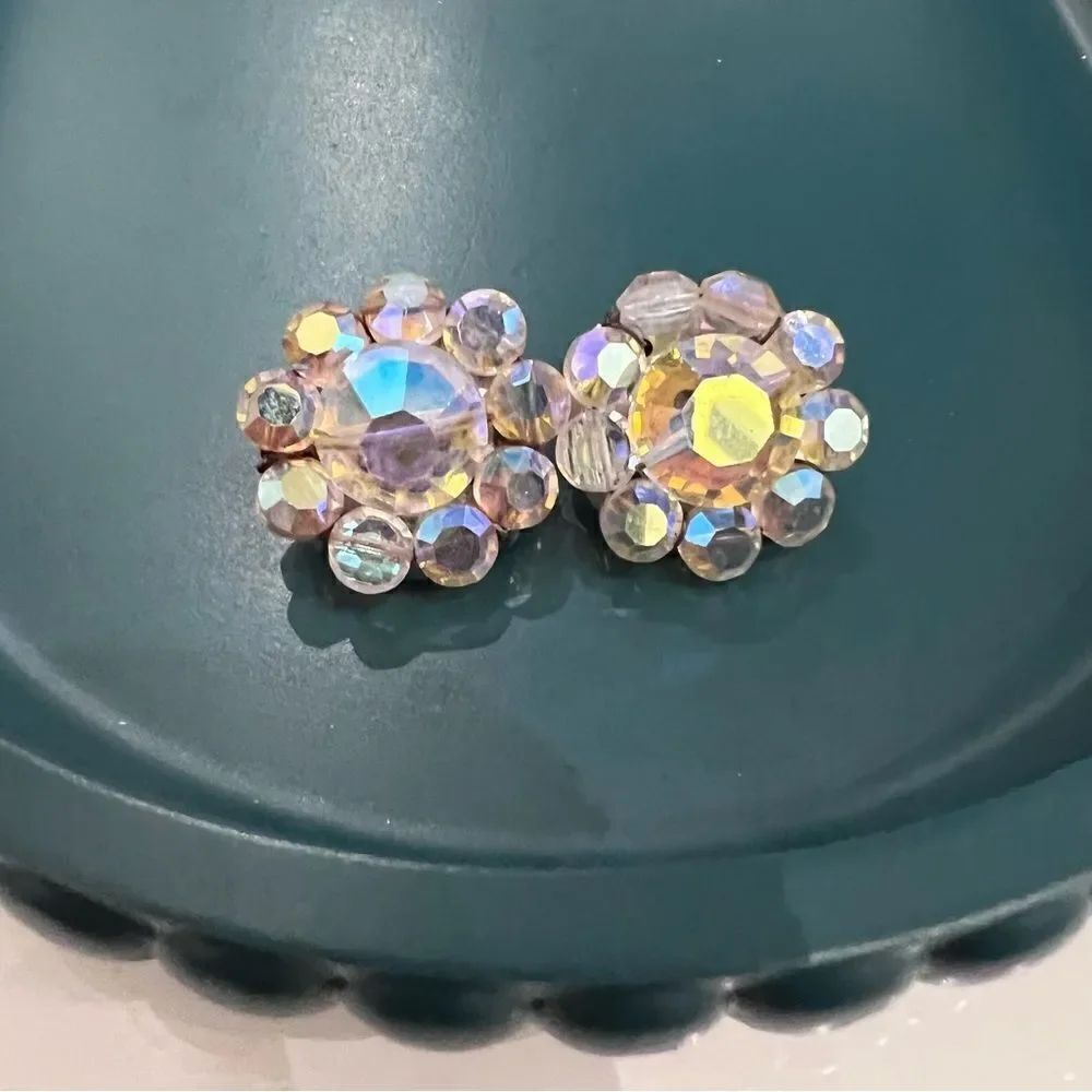Iridescent Vintage MCM Aurora Borealis Crystal Beaded Cluster Clip On Earrings